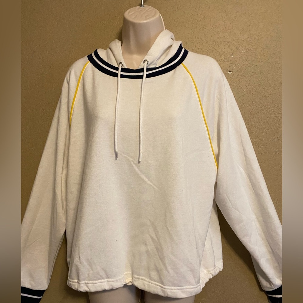 Olive & Oak Women Pullover Cropped Hoodie Size XL Ivory Blue/Yellow Trim